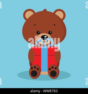 Isolated romantic cute baby brown bear in sitting pose with red gift and blue bow. Stock Vector