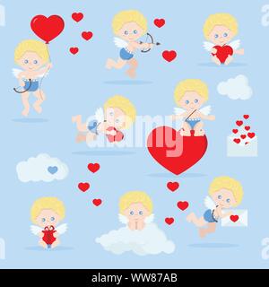 Vector set of isolated cute cupids in flat cartoon style. Stock Vector