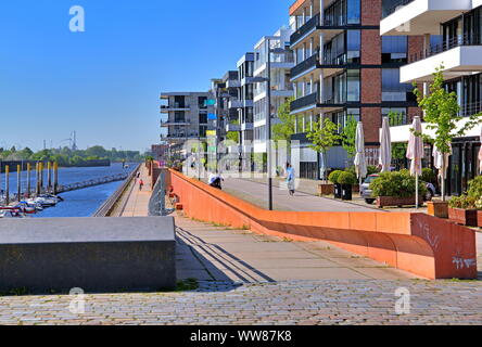 Europahafen with harbour promenade and apartment houses in the Ãœberseestadt, Bremen, Bremen state, North Germany, Germany