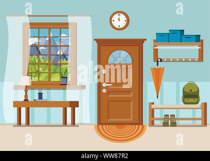 Cozy home entrance hall interior background with furniture. Stock Vector