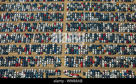 Aerial view, Duisburg harbor, parking lot at logistic location Logport 1, Duisburg Rheinhausen, container port, Rhine, Rheinhausen, Duisburg, Ruhr area, North Rhine-Westphalia, Germany Stock Photo