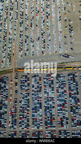 Aerial view, Duisburg harbor, parking lot at logistic location Logport 1, Duisburg Rheinhausen, container port, Rhine, Rheinhausen, Duisburg, Ruhr area, North Rhine-Westphalia, Germany Stock Photo