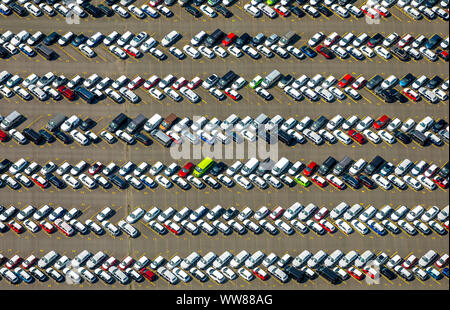 Aerial view, Duisburg harbor, parking lot at logistic location Logport 1, Duisburg Rheinhausen, container port, Rhine, Rheinhausen, Duisburg, Ruhr area, North Rhine-Westphalia, Germany Stock Photo