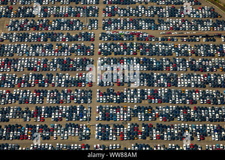 Aerial view, Duisburg harbor, parking lot at logistic location Logport 1, Duisburg Rheinhausen, container port, Rhine, Rheinhausen, Duisburg, Ruhr area, North Rhine-Westphalia, Germany Stock Photo