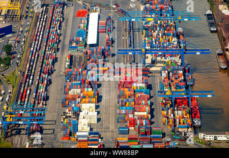 Aerial view, Port of Duisburg, logistics location Logport 1, Duisburg Rheinhausen, container port, Rhine, Rheinhausen, Duisburg, Ruhr area, North Rhine-Westphalia, Germany Stock Photo