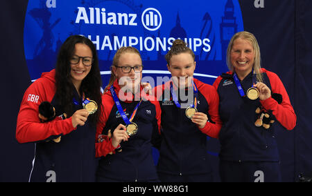 Great Britain's (left-right) Alice Tai, Brock Whiston, Toni Shaw and Stephanie Millward celebrate after winning the Women's 4x100 metres Medlay Relay during day five of the World Para Swimming Allianz Championships at The London Aquatic Centre, London. Stock Photo