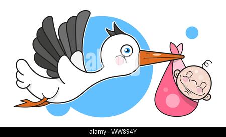 Stork With Baby In Cartoon Style On White Background. Newborn Baby Background. Isolated Vector Design. Stock Vector