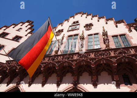 City hall RÃ¶mer with German flag, Frankfurt am Main, Hesse, Germany, Europe Stock Photo