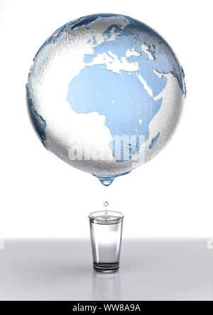 Dripping globe of water against a white background, underneath a water glass with drops on a grey background. Stock Photo