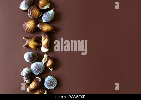 Assorted Chocolate pralines with sea concept on brown background. Copy space. Stock Photo
