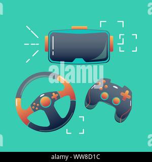 console eSports set on the green background of VR glasses, gamepad and wheel, vector flat concept Stock Vector