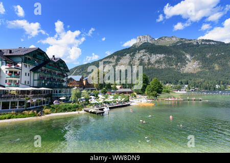 Altaussee, lake Altausseer See, hotel Seevilla, beach, bather, mountain Loser, Ausseerland-Salzkammergut, Steiermark, Styria, Austria Stock Photo