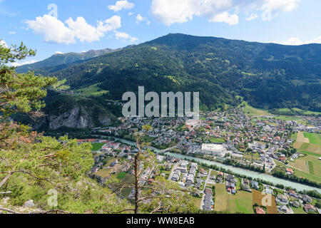 Zams, view to Zams, river Inn, mountain Krahberg, TirolWest Region, Tyrol, Austria Stock Photo