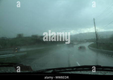 Virginia, USA. Driving on the highway in heavy rain. Stock Photo