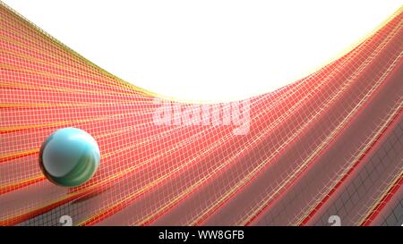 Blue glossy sphere over a red waving sufrace with yellow grid - 3D rendering illustration Stock Photo