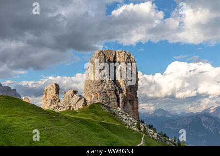 Cinque Torri (Five towers) at sunset, Dolomites, Cortina d Ampezzo, Province of Belluno, Veneto, Italy Stock Photo