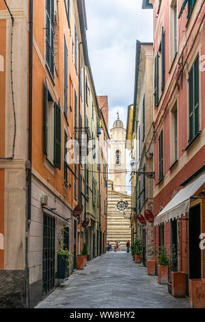 Narrow streets in the historic old part of the Italian city of Albenga in Liguria, Italy Stock Photo