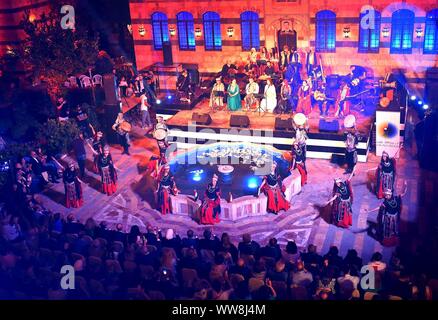 Damascus, Syria. 13th Sep, 2019. Artists perform during a concert in the Qasr Al-Azem Palace in the old city of Damascus, Syria, on Sept. 13, 2019. Credit: Ammar Safarjalani/Xinhua Stock Photo