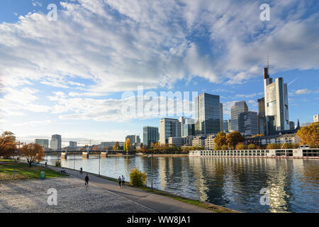 Frankfurt am Main, river Main, skyscrapers and high-rise office buildings in financial district, Commerzbank Tower, cruise ship, Hessen (Hesse), Germany Stock Photo