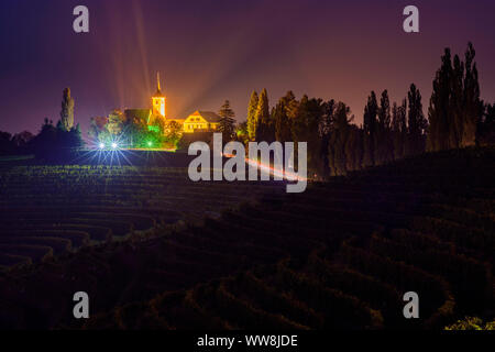 Jeruzalem, church, vineyard, wine growing area, hills, stars in Jeruzalem-Ormoz Hills Nature Park, Stajerska (Styria), Slovenia Stock Photo