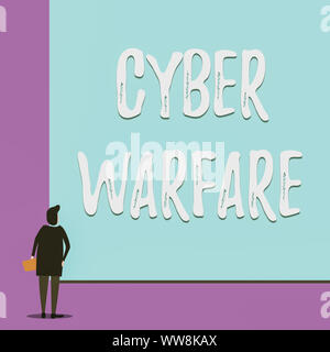 Conceptual hand writing showing Cyber Warfare. Concept meaning Virtual War Hackers System Attacks Digital Thief Stalker Back view young woman watching Stock Photo