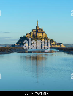 Mont-Saint-Michel and Couesnon river in the morning, Manche department, Normandy, France Stock Photo