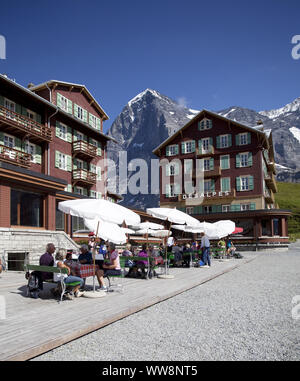 Hotels on Kleine Scheidegg Mountain Pass with views of Eiger Mountain, Grindelwald, Bernese Highlands, Canton of Bern, Switzerland Stock Photo