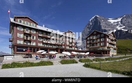 Hotels on Kleine Scheidegg Mountain Pass with views of Eiger Mountain, Grindelwald, Bernese Highlands, Canton of Bern, Switzerland Stock Photo