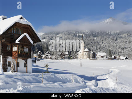 View of Protestant church in winter, Gosau, Salzkammergut region, Upper Austria, Austria Stock Photo