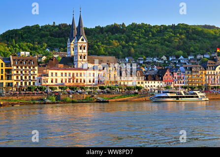 Rhine bank front of the place with the St.-Severuskirche, Boppard, Rhine, middle Rhine valley, Rhineland-Palatinate, West Germany, Germany Stock Photo
