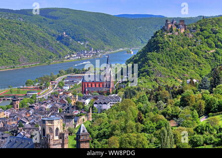 Overview of the town on the Rhine with Liebfrauenkirche and SchÃ¶nburg, Oberwesel, Middle Rhine Valley, Rhineland-Palatinate, West Germany, Germany Stock Photo