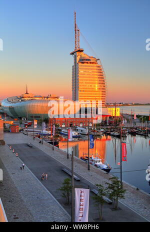 New harbour with Klimahaus and Sail-City-Hotel, Bremerhaven, WesermÃ¼ndung, State of Bremen, Northern Germany, Germany Stock Photo