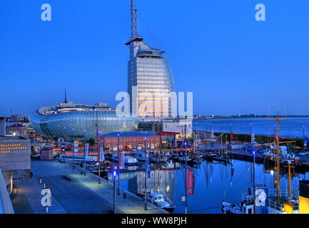 New harbour with Klimahaus and Sail-City-Hotel, Bremerhaven, WesermÃ¼ndung, State of Bremen, Northern Germany, Germany Stock Photo