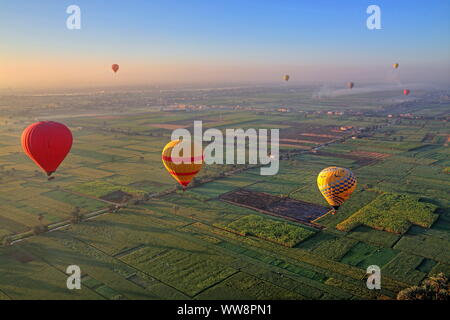 Hot air balloons about fruit land in Theben-West, Luxor, Upper Egypt, Egypt Stock Photo