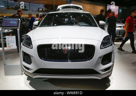 Frankfurt, Germany. 12th Sep, 2019. The British car manufacturer Jaguar displays the Jaguar E-Pace P200 AWD subcompact crossover SUV at the 2019 Internationale Automobil-Ausstellung (IAA). (Photo by Michael Debets/Pacific Press) Credit: Pacific Press Agency/Alamy Live News Stock Photo