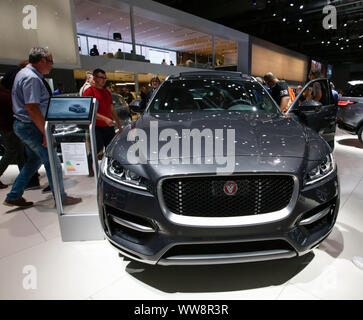 Frankfurt, Germany. 12th Sep, 2019. The British car manufacturer Jaguar displays the Jaguar F-Pace 20d AWD compact crossover SUV at the 2019 Internationale Automobil-Ausstellung (IAA). (Photo by Michael Debets/Pacific Press) Credit: Pacific Press Agency/Alamy Live News Stock Photo