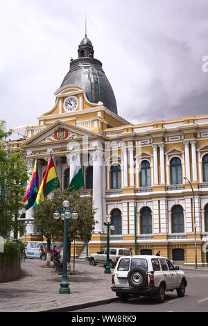 LA PAZ, BOLIVIA - OCTOBER 11, 2014: The Legislative Palace, seat of the government since 1905, on Plaza Murillo on Bolivar street in La Paz, Bolivia Stock Photo