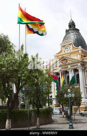 LA PAZ, BOLIVIA - OCTOBER 11, 2014: The Legislative Palace, seat of the government since 1905, on Plaza Murillo on Bolivar street in La Paz, Bolivia Stock Photo
