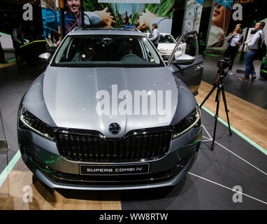 Frankfurt, Germany. 12th Sep, 2019. The Czech car manufacturer Skoda, part of the Volkswagen Group, displays the Skoda Superb iV Combi hybrid car at the 2019 Internationale Automobil-Ausstellung (IAA). (Photo by Michael Debets/Pacific Press) Credit: Pacific Press Agency/Alamy Live News Stock Photo
