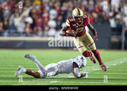 Alumni Stadium. 13th Sep, 2019. MA, USA; Boston College Eagles quarterback Anthony Brown (13) in action during the NCAA football game between Kansas Jayhawks and Boston College Eagles at Alumni Stadium. Anthony Nesmith/CSM/Alamy Live News Stock Photo