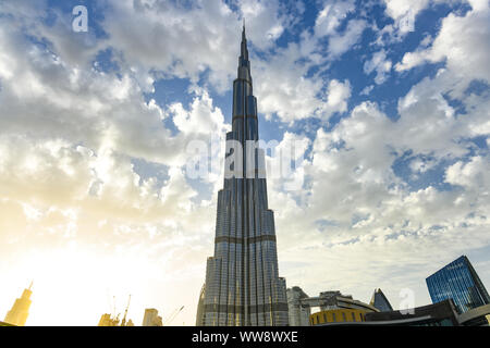View of the magnificent Burj Khalifa during sunset. The Burj Khalifa, known as the Burj Dubai is the tallest tower in the World. Stock Photo