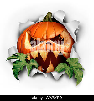 Pumpkin halloween surprise tearing paper with leaves bursting out of ripped hole as a scary dangerous evil jack o lantern with a threatening. Stock Photo