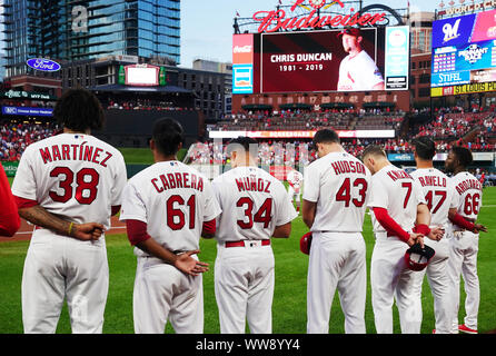 St. Louis, United States. 13th Sep, 2019. St. Louis Cardinals players observe a moment of silence for former Cardinals outfielder Chris Duncan before a game against the Milwaukee Brewers at Busch Stadium in St. Louis on Friday, September 13, 2019. Duncan died on September 6, 2019 at the age of 38, from brain cancer. Photo by Bill Greenblatt/UPI Credit: UPI/Alamy Live News Stock Photo