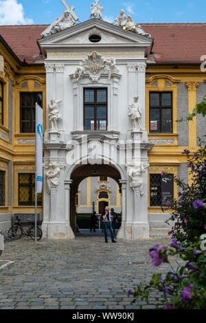 DURNSTEIN, AUSTRIA - AUGUST 16, 2019: Durnstein is a small town on the Danube river in the Krems-Land district. entrance to the abbey Stock Photo