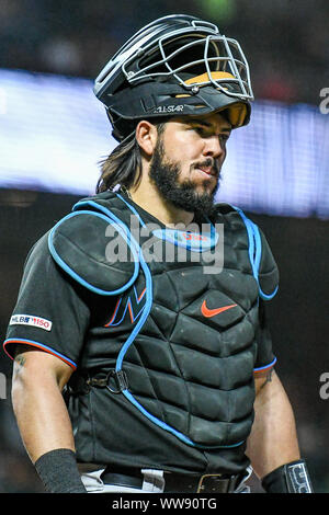 August 6 2021: Florida catcher Jorge Alfaro (38) hits a double during the  game with Colorado Rockies and Miami Marlins held at Coors Field in Denver  Co. David Seelig/Cal Sport Medi(Credit Image