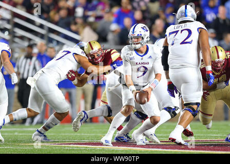 Alumni Stadium. 13th Sep, 2019. MA, USA; Kansas Jayhawks quarterback Carter Stanley (9) in action during the NCAA football game between Kansas Jayhawks and Boston College Eagles at Alumni Stadium. Anthony Nesmith/CSM/Alamy Live News Stock Photo