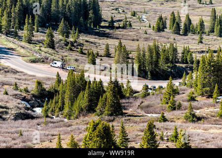 Aspen, USA - July 3, 2019: Independence Pass rocky mountain view and road scenic byway in morning in Colorado and parking lot for Linkins Lake Trailhe Stock Photo