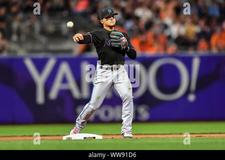 September 13, 2019:Miami Marlins second baseman Isan Diaz (1) tags the bag and throws to first for the double play in the bottom of the fourth inning during the MLB game between the Miami Marlins and San Francisco Giants at Oracle Park in San Francisco, California. Chris Brown/CSM Stock Photo