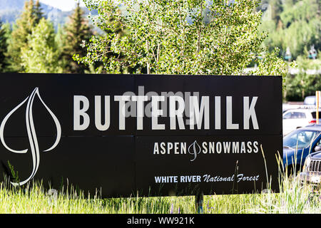 Aspen, USA - July 6, 2019: Ski resort town in Colorado with sign for ski area at Buttermilk and White River National Forest Stock Photo