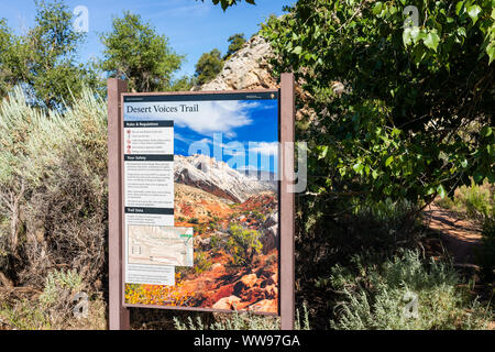 Jensen, USA - July 23, 2019: View of Desert Voices Nature Trail sign by Split Mountain Campground in summer in Dinosaur National Monument Park, Utah Stock Photo